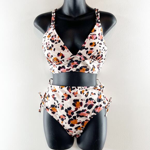 Hula Honey High Waisted Leopard Print Two Piece Bikini Swimsuit White XL - Picture 2 of 6